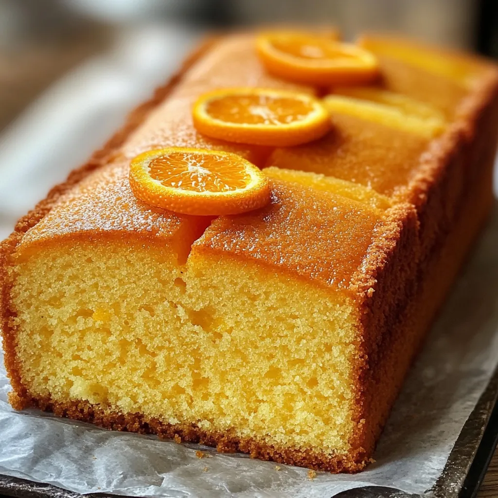 Bizcocho de naranja recién horneado sobre una rejilla con rodajas de naranja al lado. Rebanada de bizcocho de naranja esponjoso en un plato con azúcar glass espolvoreado. Mezcla de bizcocho de naranja en un bol con ralladura de naranja visible.