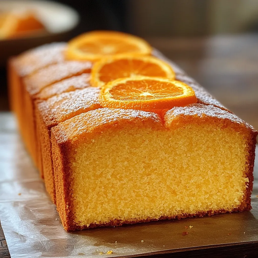 Bizcocho de naranja recién horneado sobre una rejilla con rodajas de naranja al lado. Rebanada de bizcocho de naranja esponjoso en un plato con azúcar glass espolvoreado. Mezcla de bizcocho de naranja en un bol con ralladura de naranja visible.