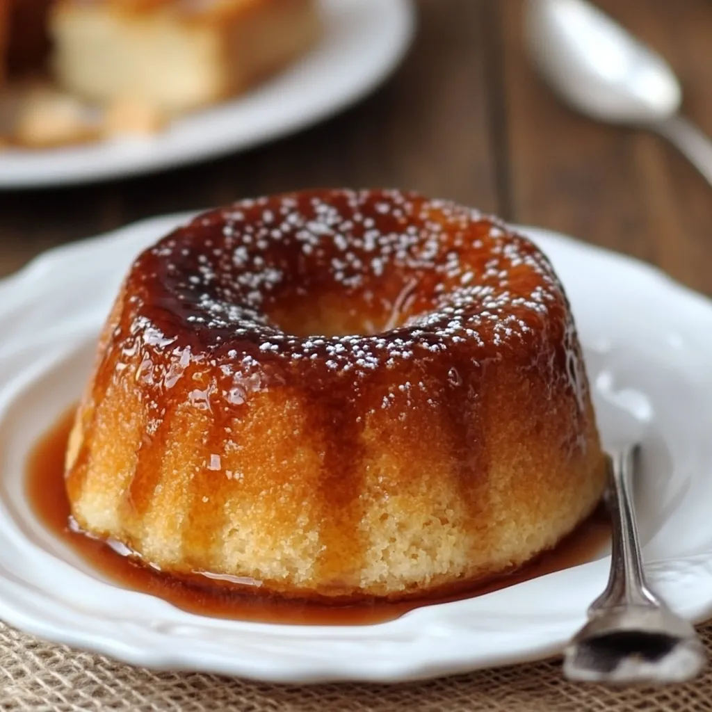 Budín de Pan casero con caramelo dorado servido en un plato.