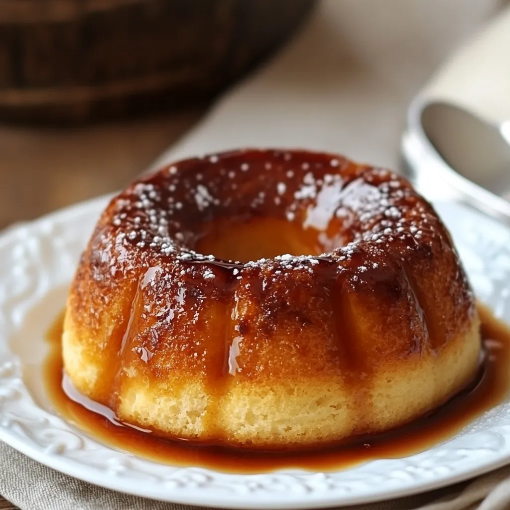 Budín de Pan casero con caramelo dorado servido en un plato.