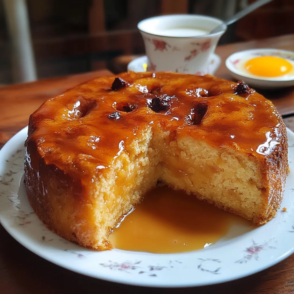 Budín de pan casero con caramelo dorado en la parte superior y una textura cremosa.