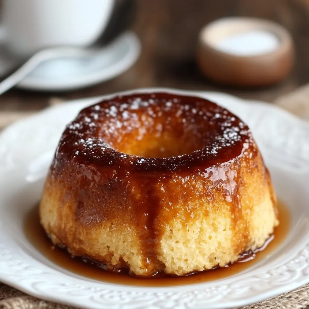 Budín de Pan casero con caramelo dorado servido en un plato.