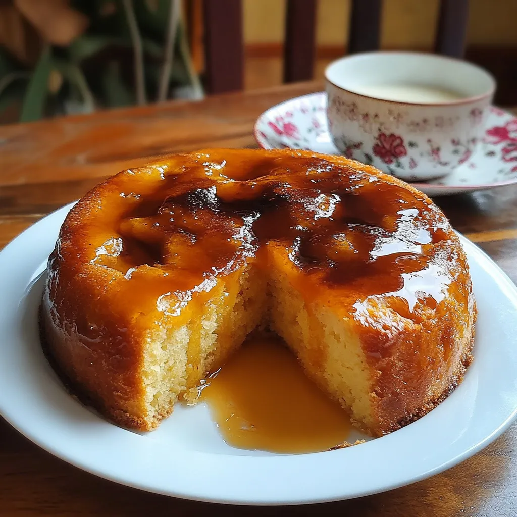 Budín de pan casero con caramelo dorado en la parte superior y una textura cremosa.
