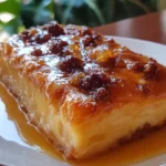Budín de pan con leche condensada, servido en un plato con caramelo brillante y una textura cremosa.
