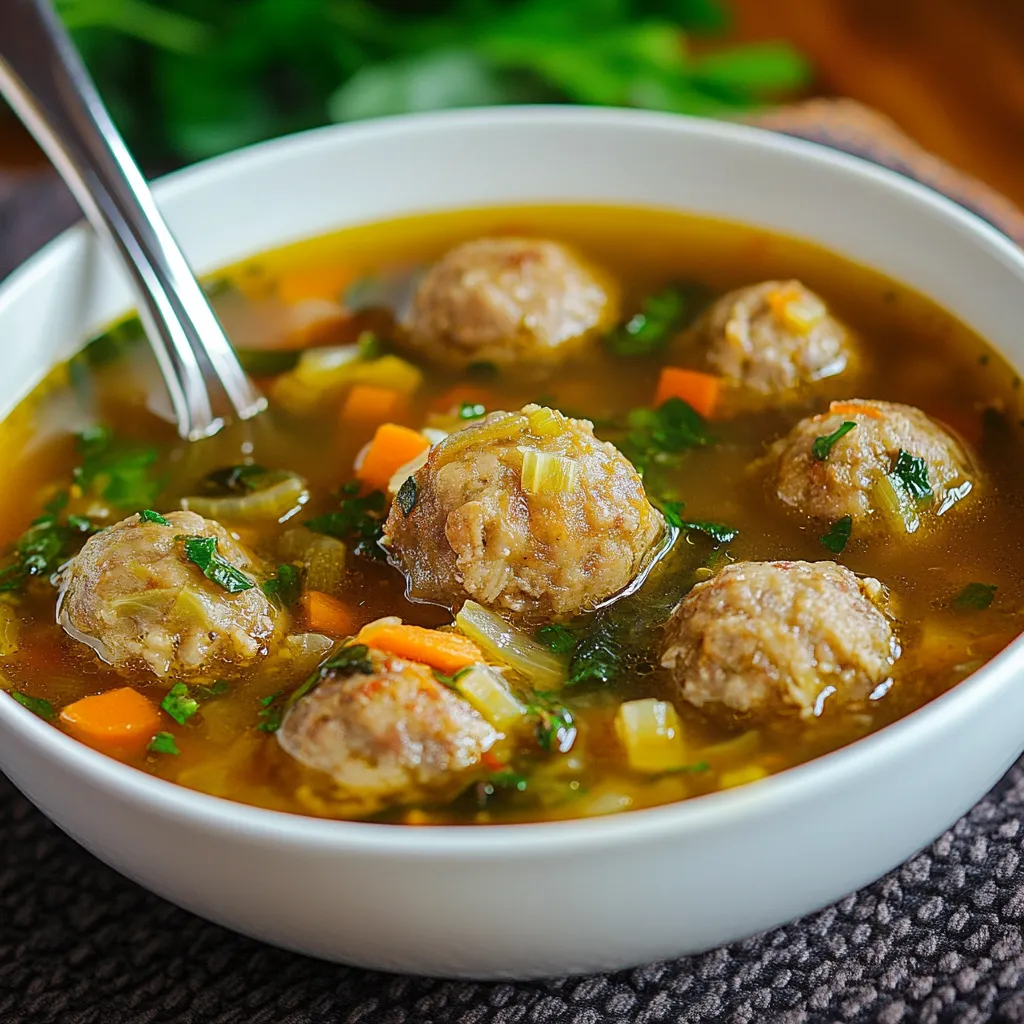 Tazón de caldo de albóndigas con albóndigas de carne, zanahorias, papas y calabacitas en un caldo casero con hierbabuena.