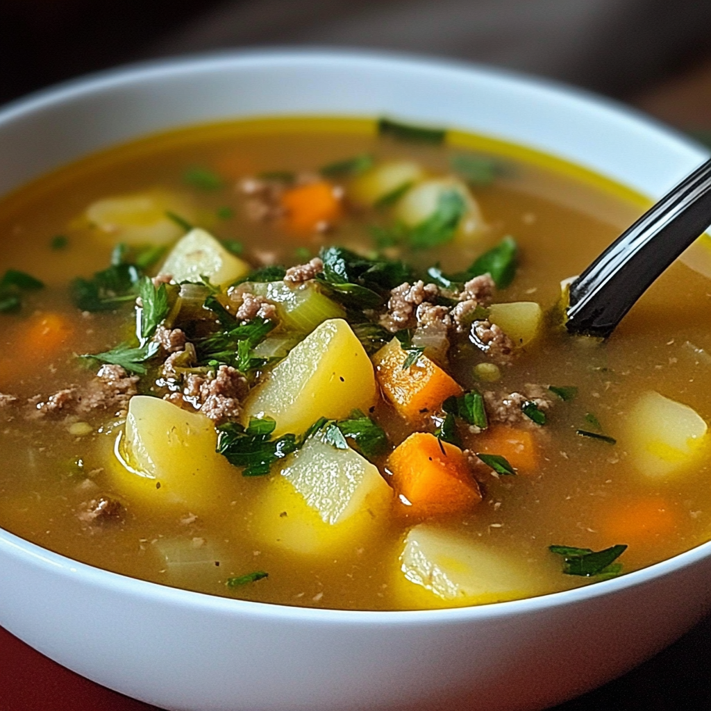 Plato de caldo de papa con chayote, zanahoria y carne molida servido caliente con cilantro fresco.