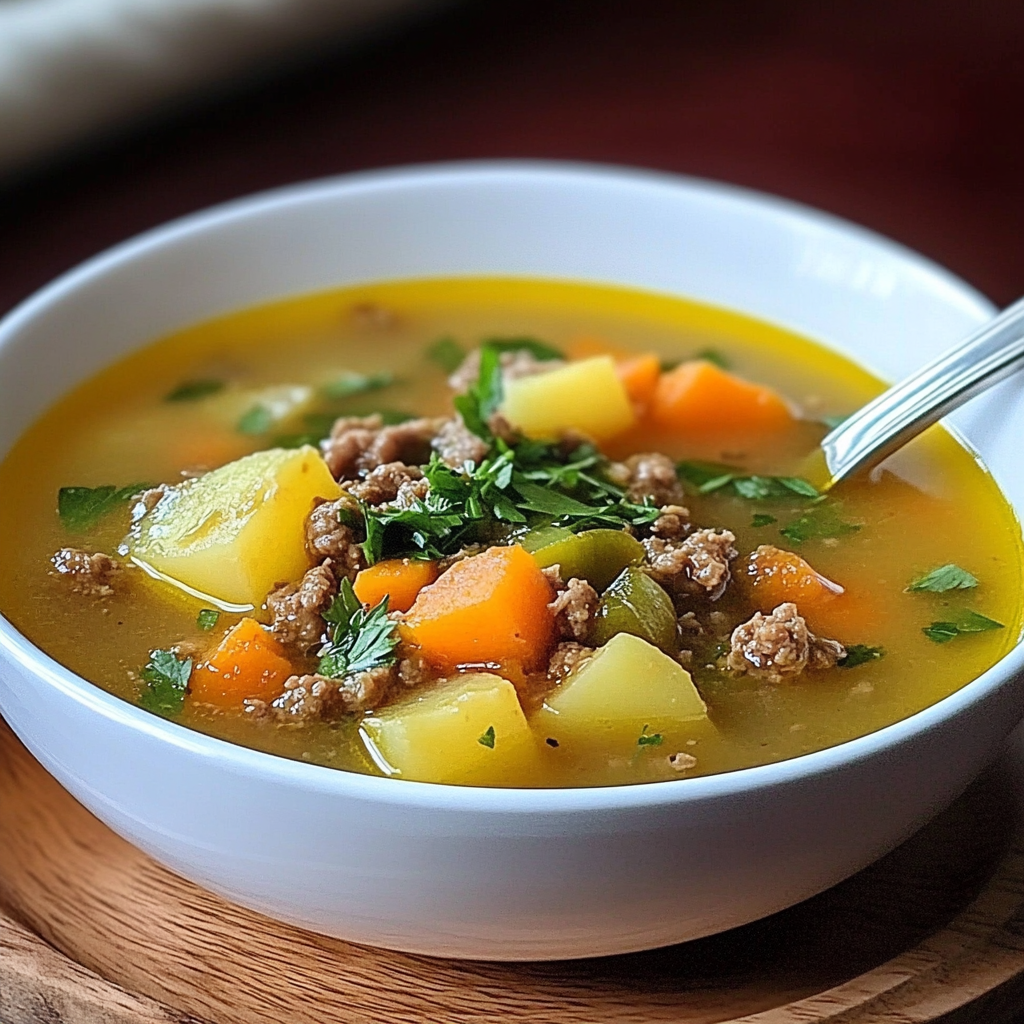 Plato de caldo de papa con chayote, zanahoria y carne molida servido caliente con cilantro fresco.