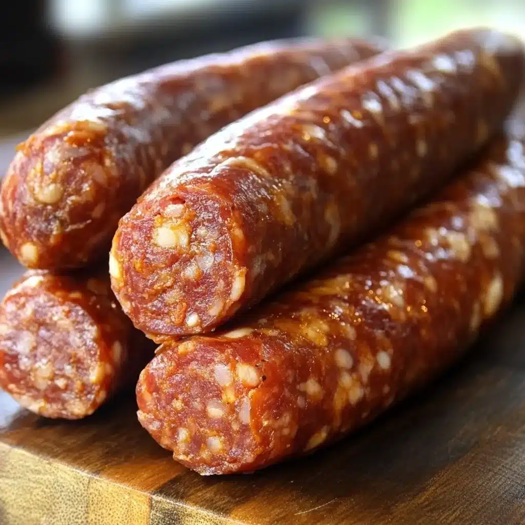 Chorizo casero recién preparado en una tabla de madera.