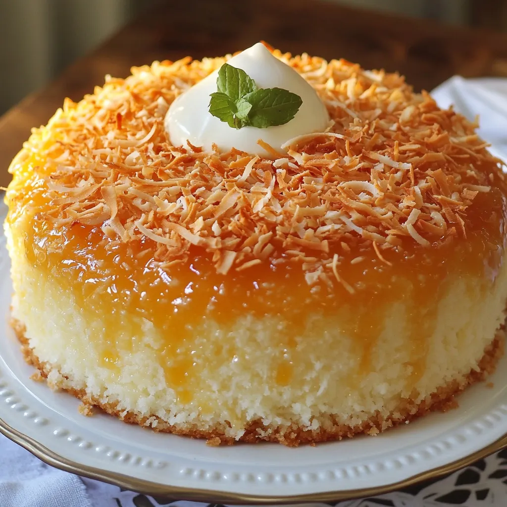 Pastel de coco con leche condensada recién horneado sobre una rejilla.