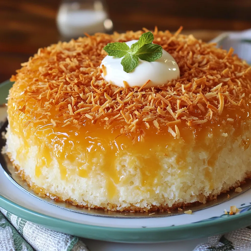 Pastel de coco con leche condensada recién horneado sobre una rejilla.