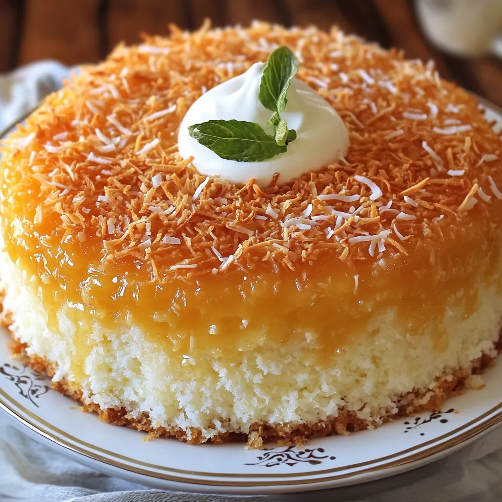 Pastel de coco con leche condensada recién horneado sobre una rejilla.