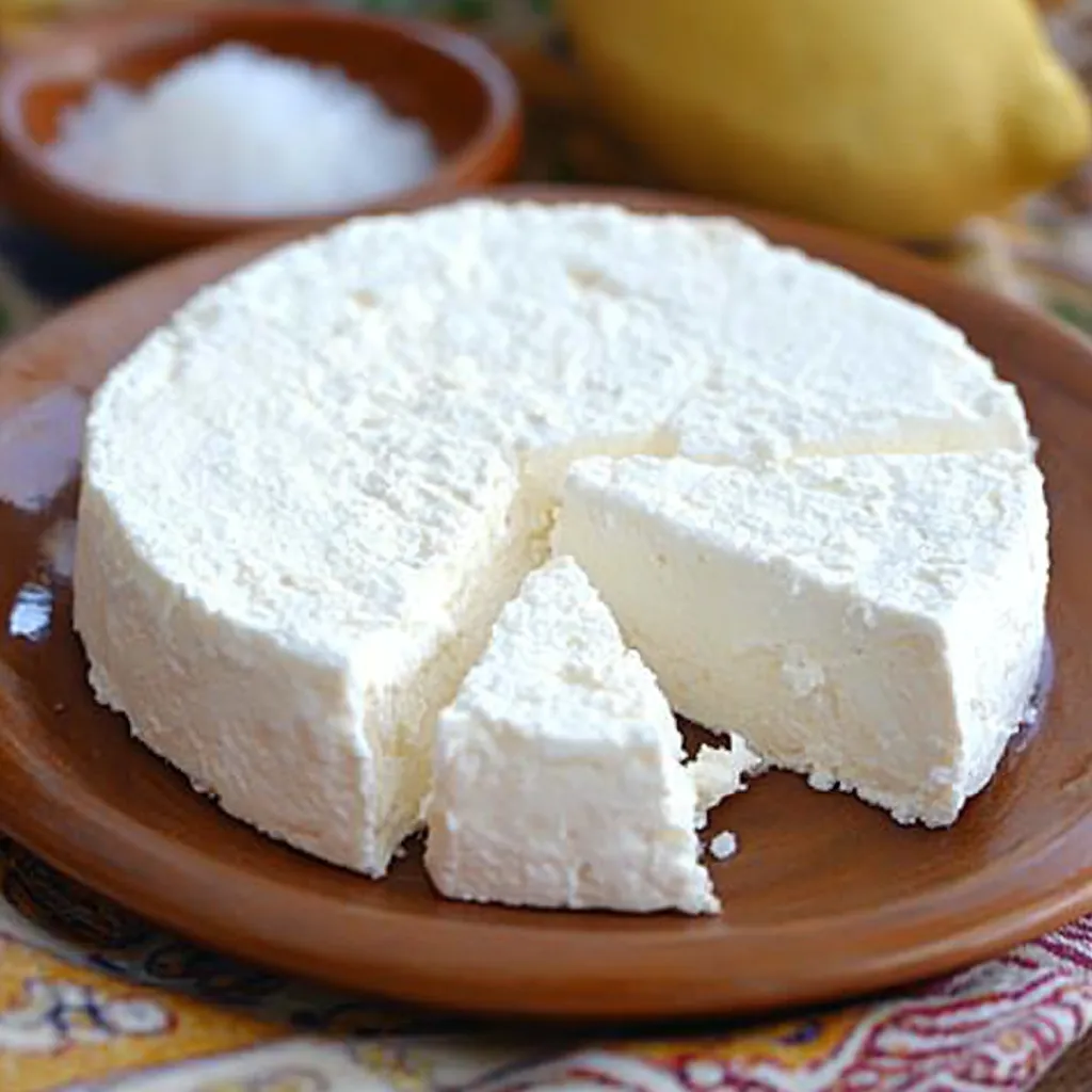Cuajos de queso en un colador con gasa escurriendo el suero.