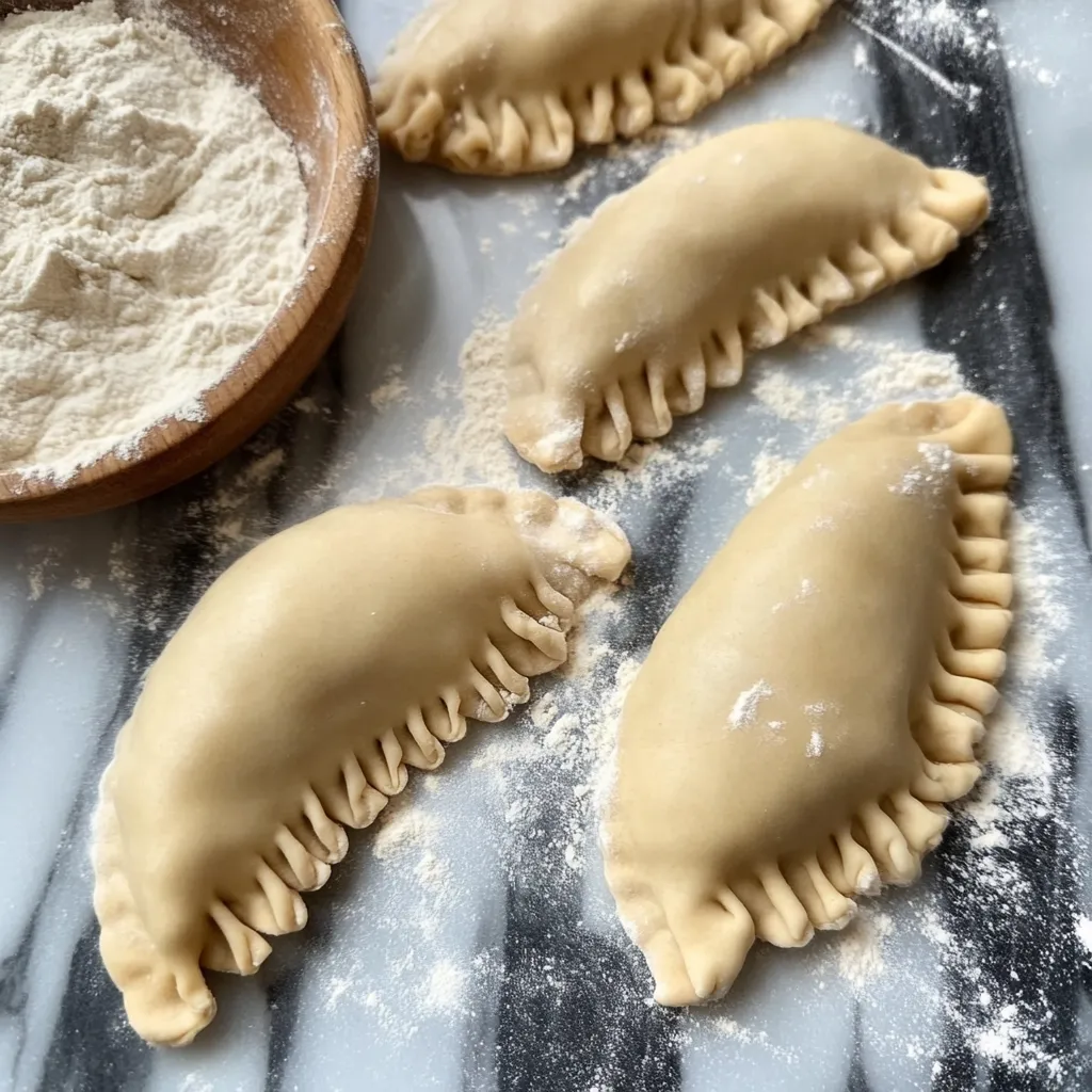 Masa casera para empanadas lista para estirar sobre una superficie enharinada.
