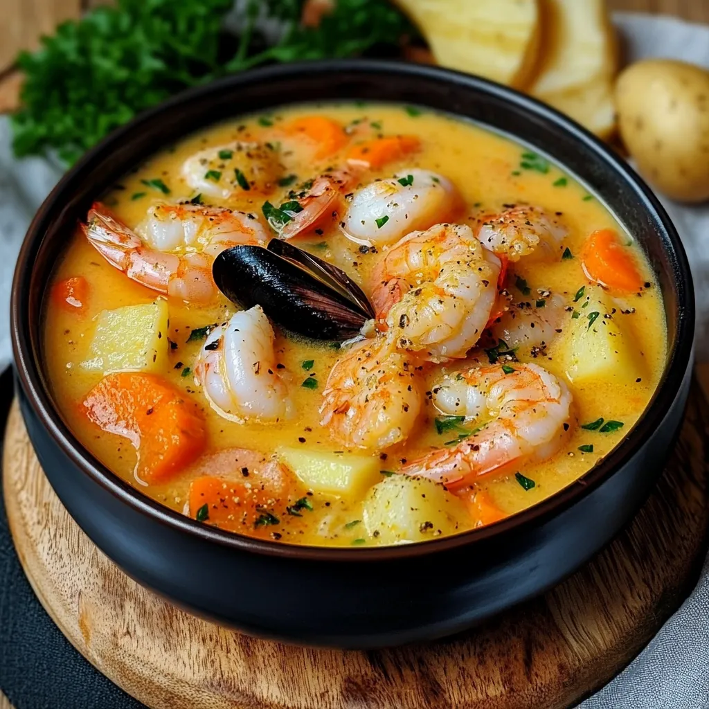 Un cuenco de crema de mariscos con camarones y perejil fresco.