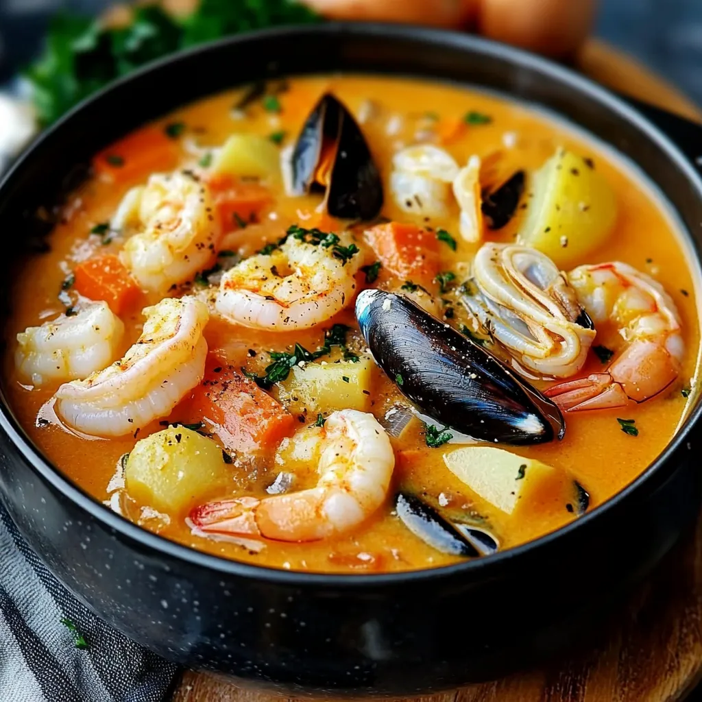 Un cuenco de crema de mariscos con camarones y perejil fresco.