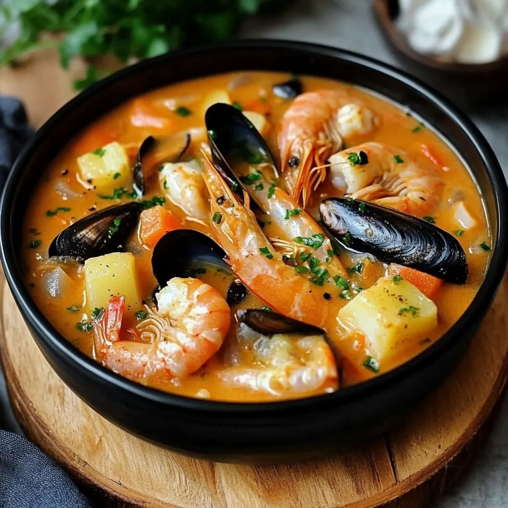 Un cuenco de crema de mariscos con camarones y perejil fresco.