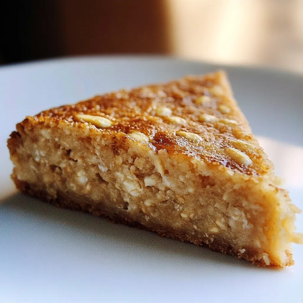 Pastel de avena dietético recién horneado en un molde, decorado con frutas frescas y un toque de miel.