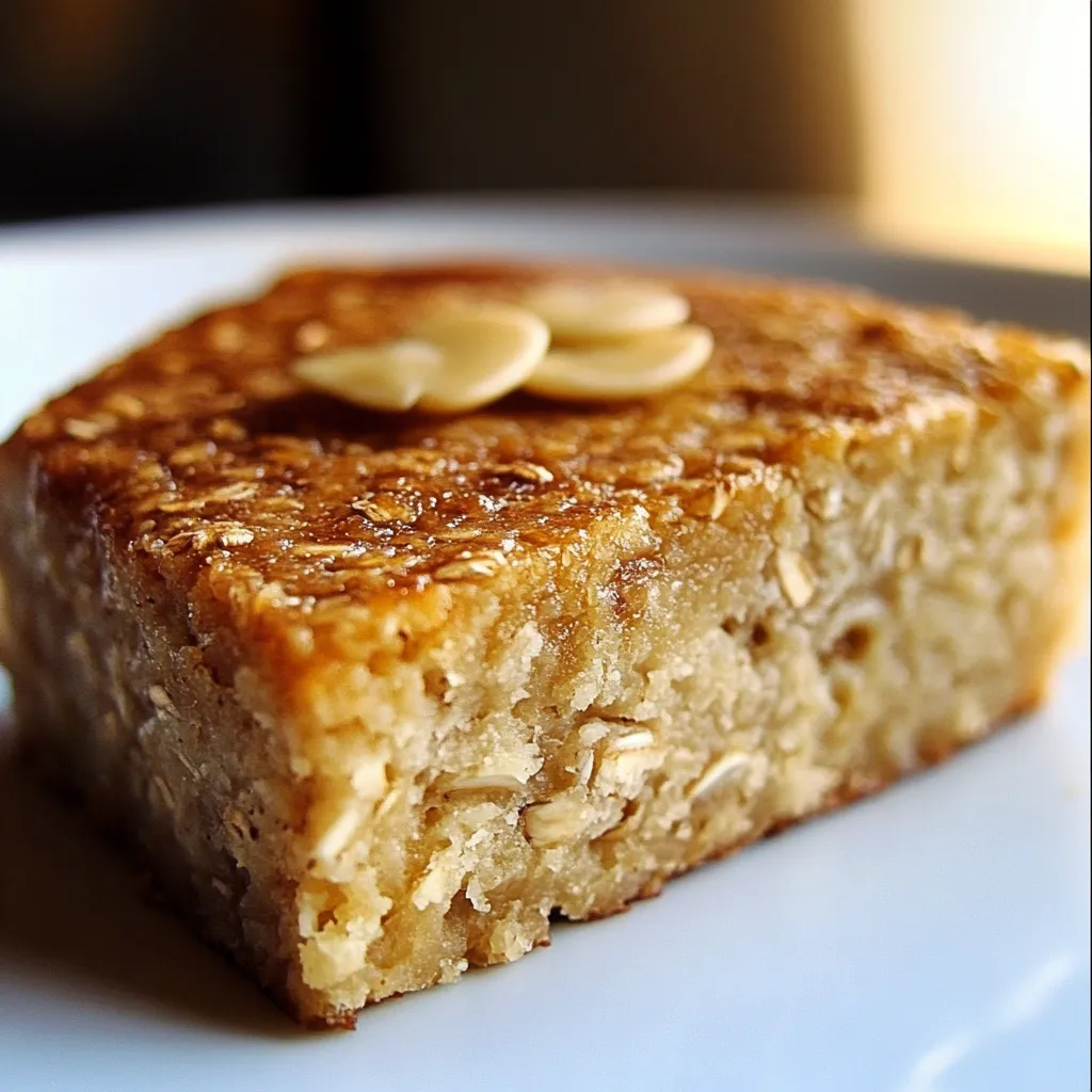 Pastel de avena dietético recién horneado en un molde, decorado con frutas frescas y un toque de miel.