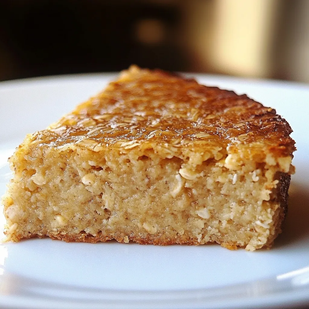 Pastel de avena dietético recién horneado en un molde, decorado con frutas frescas y un toque de miel.