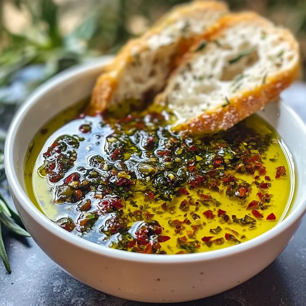 Dip Mediterráneo de Aceite de Oliva servido en un cuenco pequeño, acompañado de pan tostado.