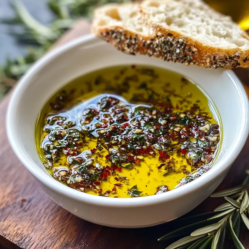 Dip Mediterráneo de Aceite de Oliva servido en un cuenco pequeño, acompañado de pan tostado.