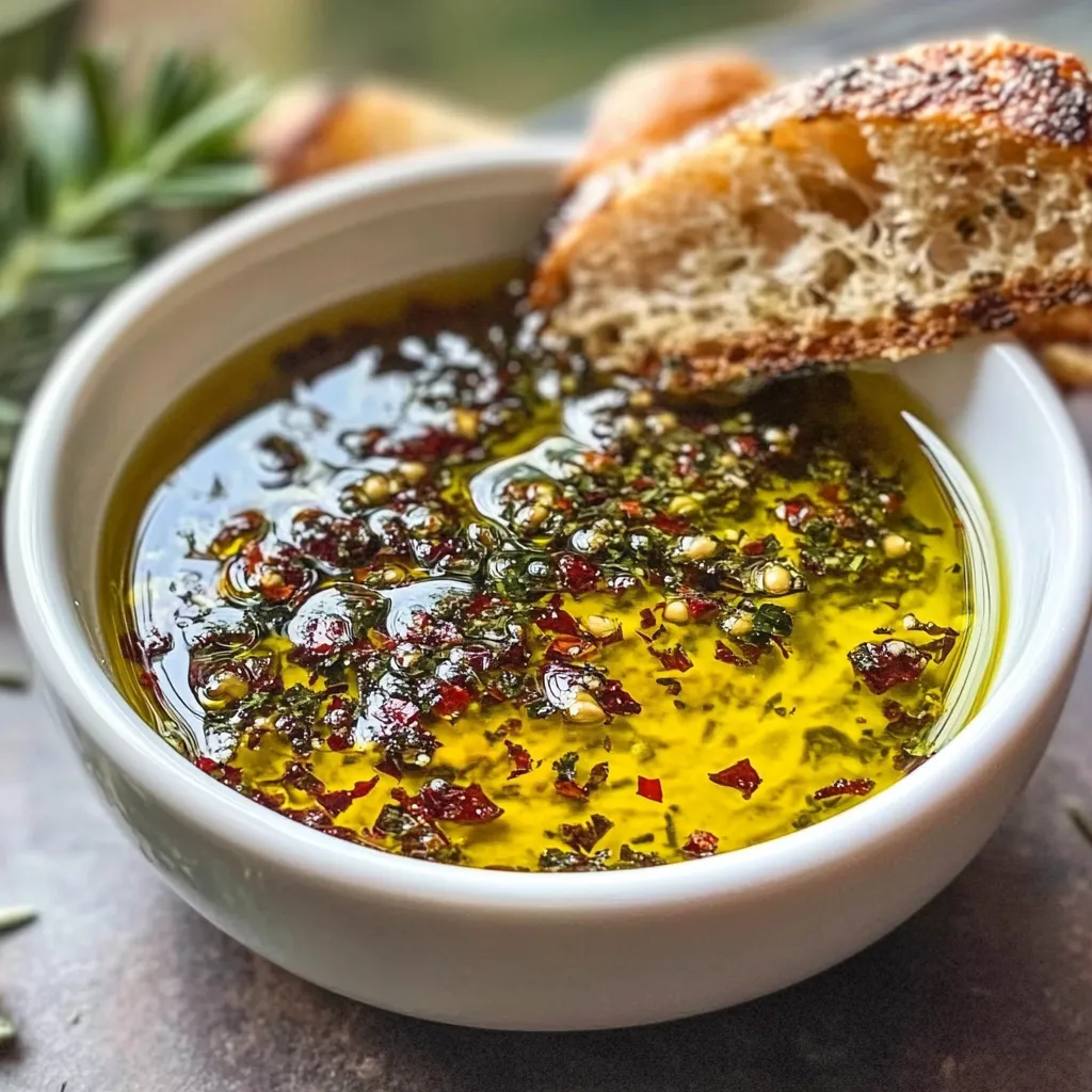 Dip Mediterráneo de Aceite de Oliva servido en un cuenco pequeño, acompañado de pan tostado.