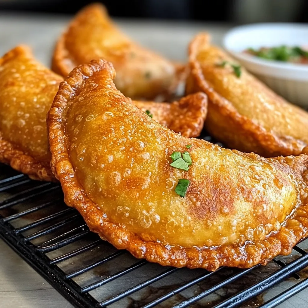 Empanadas fritas caseras recién hechas, crujientes y doradas, servidas en un plato.