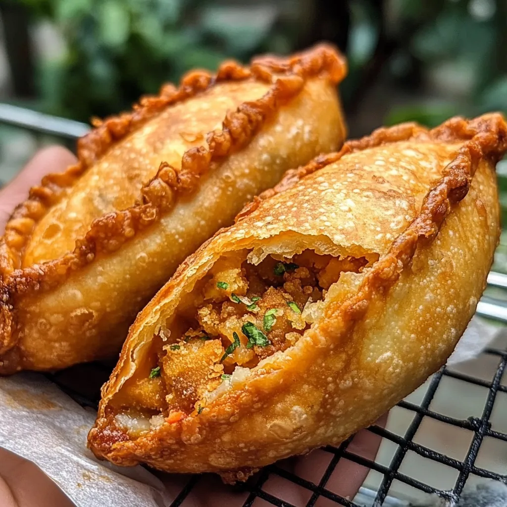 Empanadas fritas caseras recién hechas, crujientes y doradas, servidas en un plato.