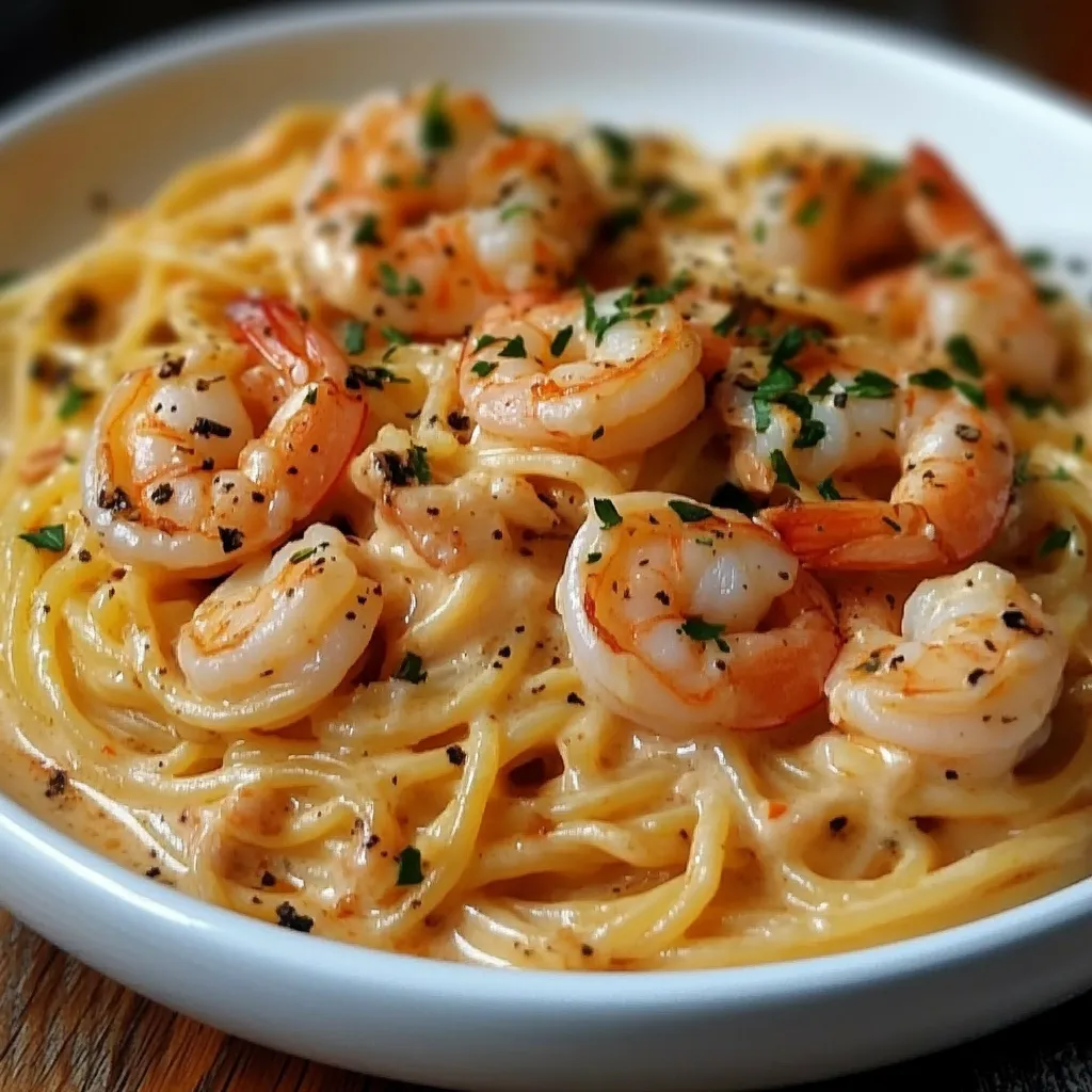 Espagueti con camarones a la crema servido en un plato con queso parmesano espolvoreado y perejil fresco.