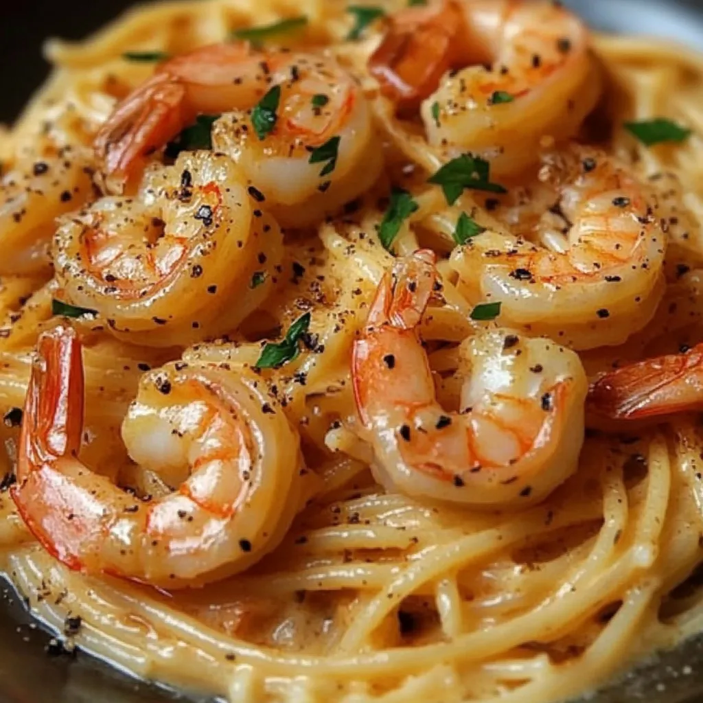 Espagueti con camarones a la crema servido en un plato con queso parmesano espolvoreado y perejil fresco.
