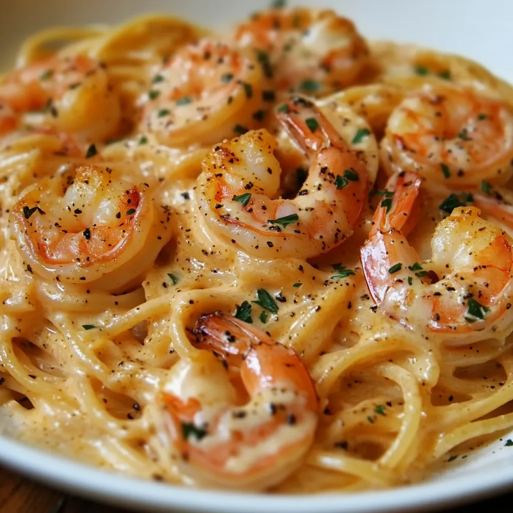 Espagueti con camarones a la crema servido en un plato con queso parmesano espolvoreado y perejil fresco.
