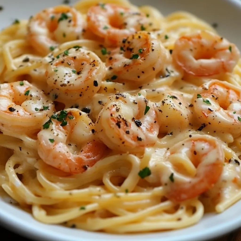 Espagueti con camarones a la crema servido en un plato con queso parmesano espolvoreado y perejil fresco.