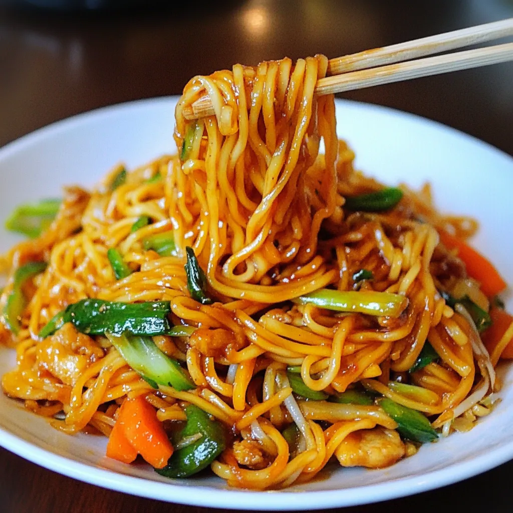 Plato de fideos salteados con pollo, verduras frescas y semillas de sésamo, servido en un cuenco con palillos.