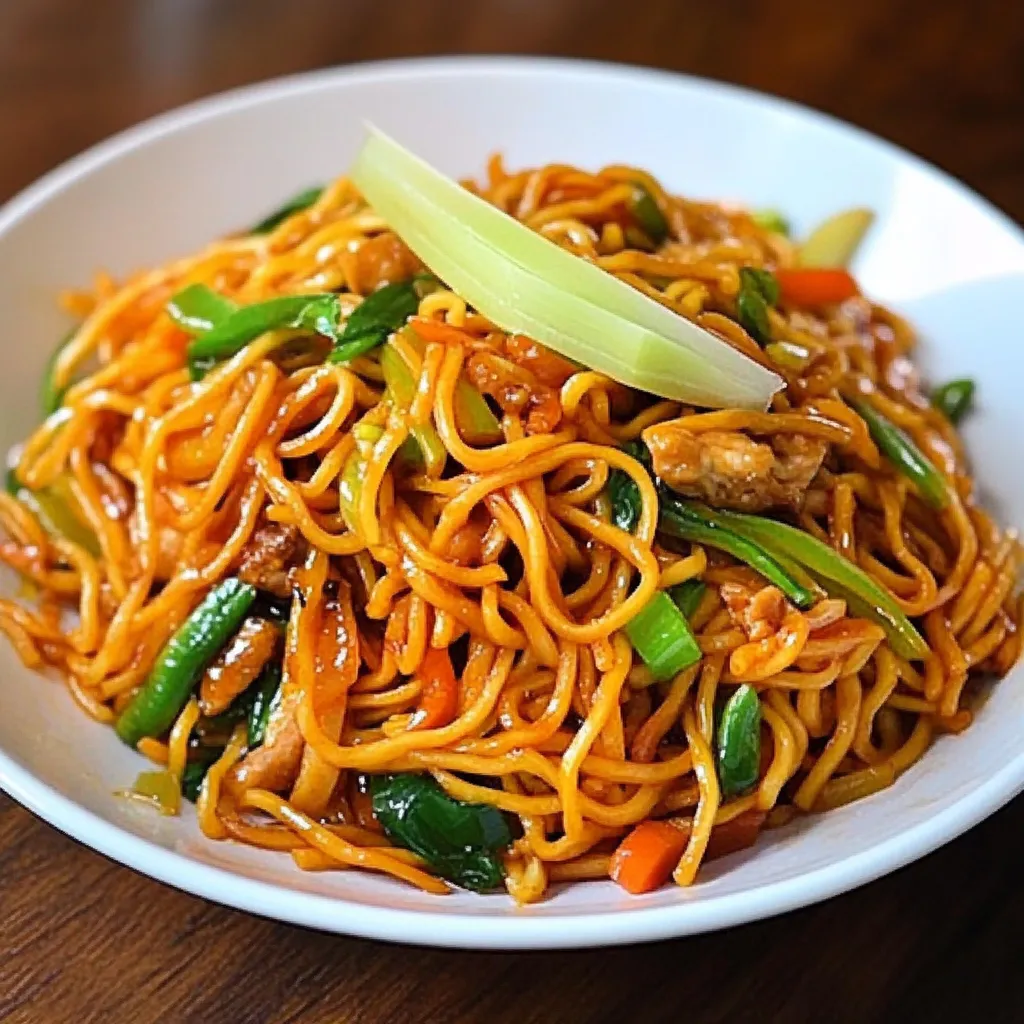 Plato de fideos salteados con pollo, verduras frescas y semillas de sésamo, servido en un cuenco con palillos.