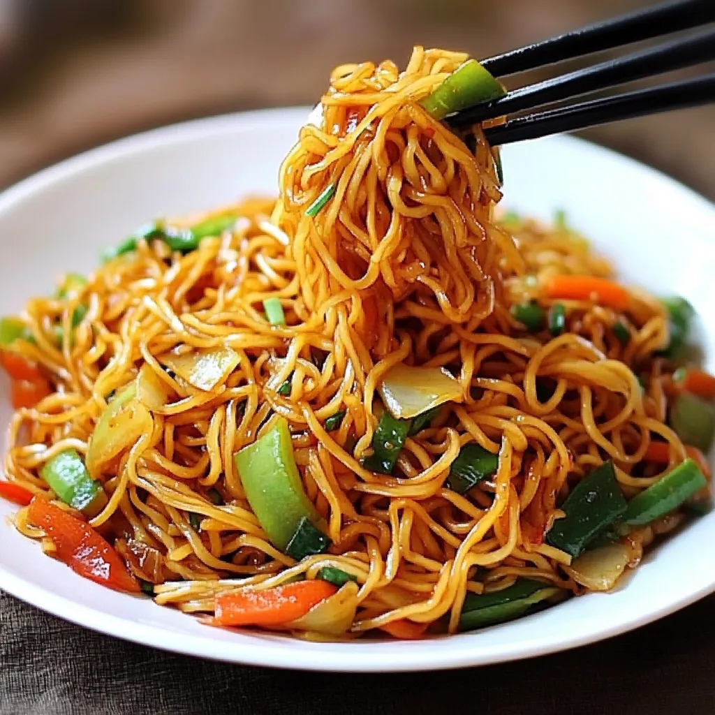 Plato de fideos salteados con pollo, verduras frescas y semillas de sésamo, servido en un cuenco con palillos.
