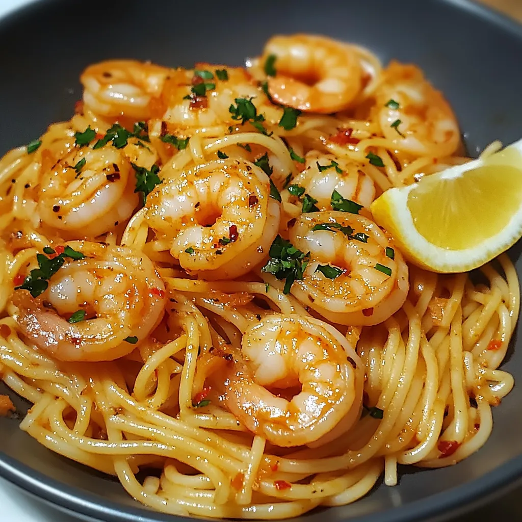Plato de fideos con ajos y camarones servidos con perejil fresco.