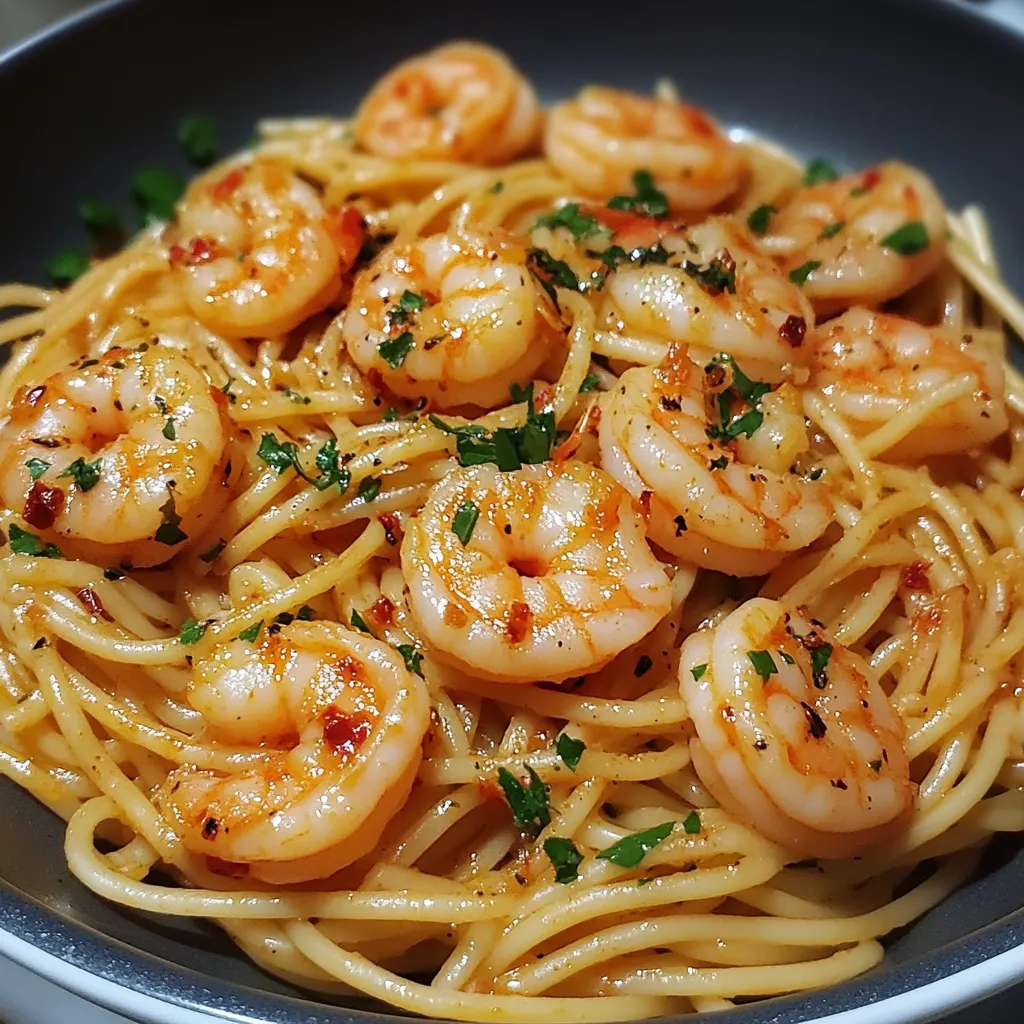 Plato de fideos con ajos y camarones servidos con perejil fresco.
