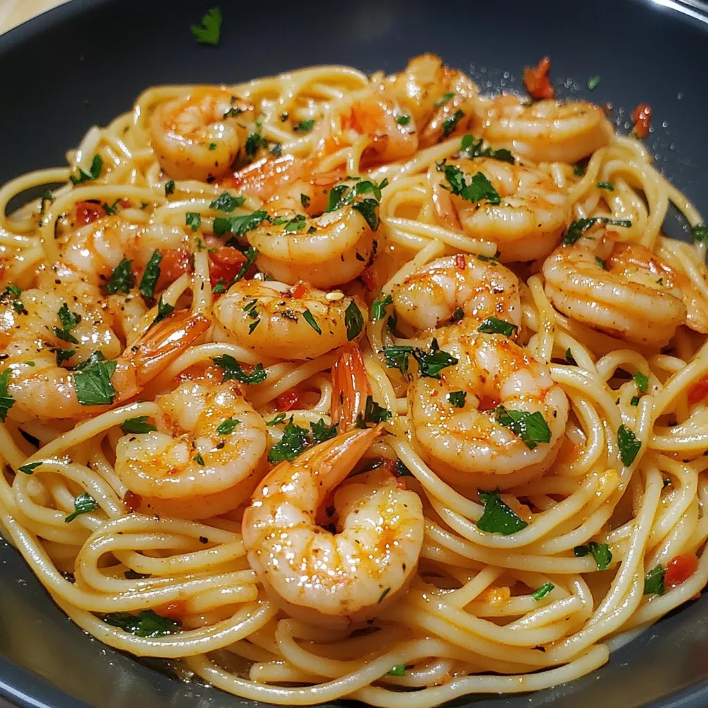 Plato de fideos con ajos y camarones servidos con perejil fresco.