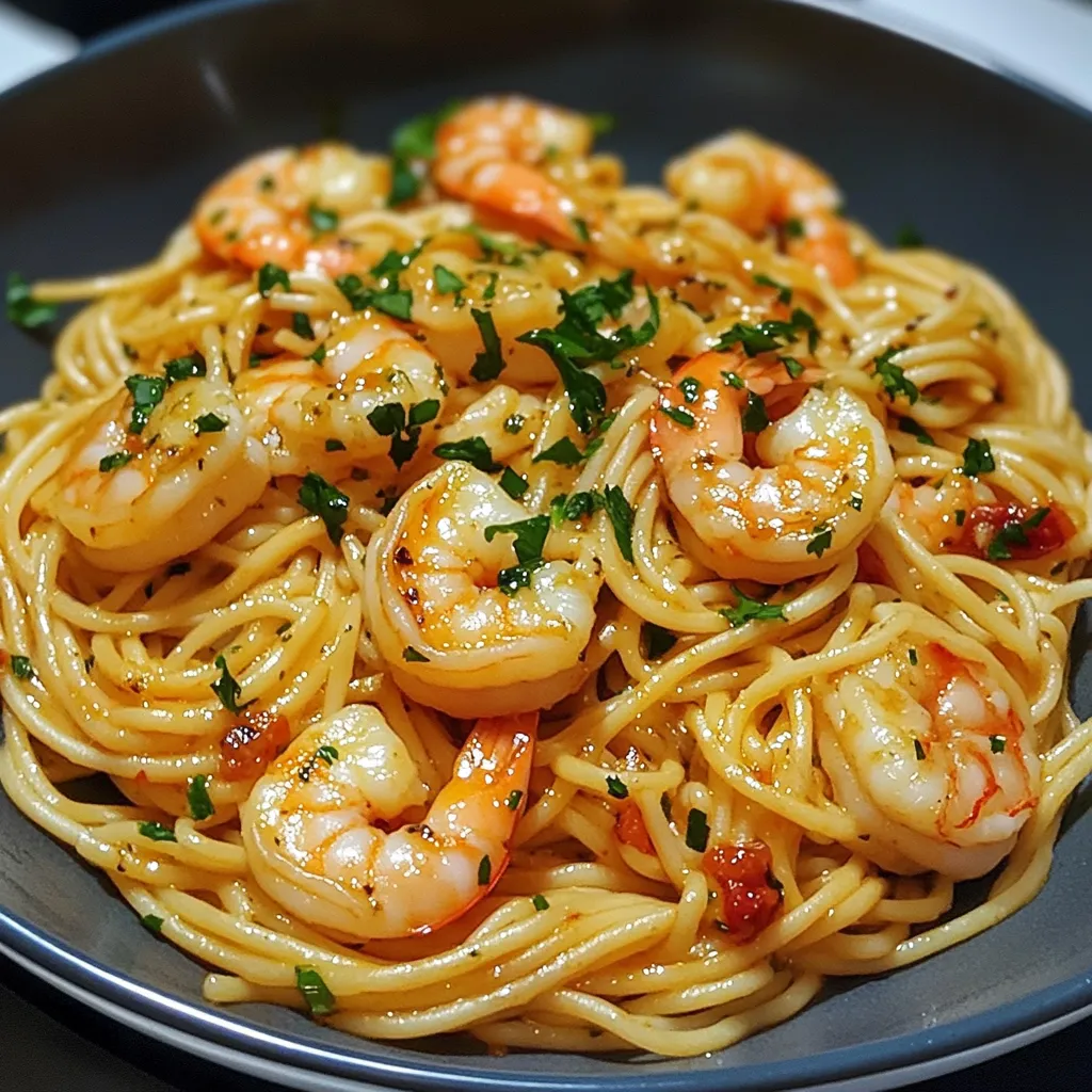 Plato de fideos con ajos y camarones servidos con perejil fresco.