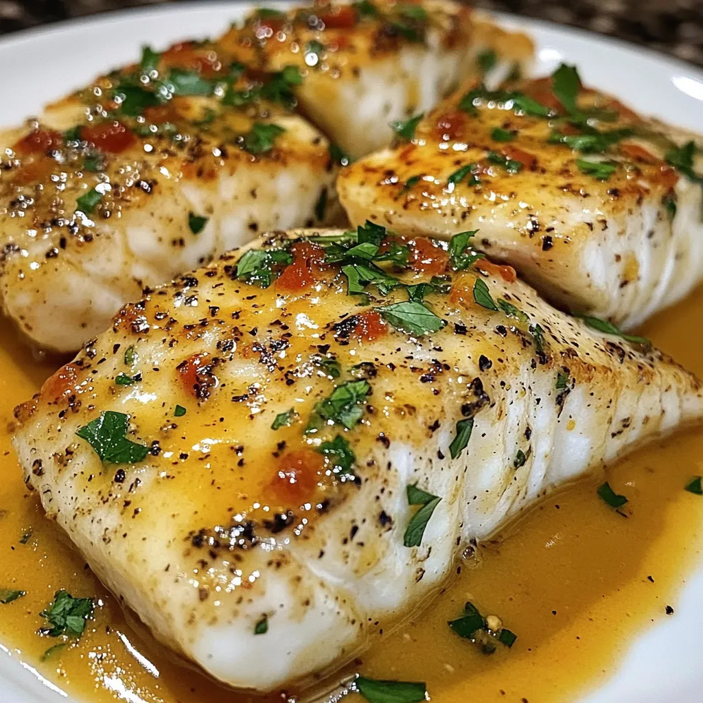 Filete de pescado con salsa de mostaza y limón servido en un plato blanco, decorado con perejil fresco.