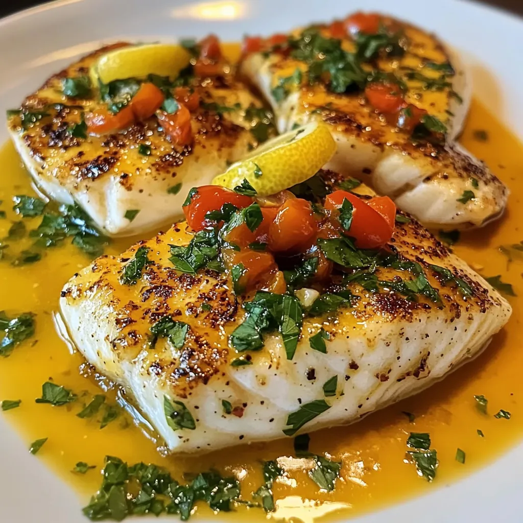Filete de pescado dorado servido con salsa de mostaza y limón en un plato blanco con guarnición de verduras
