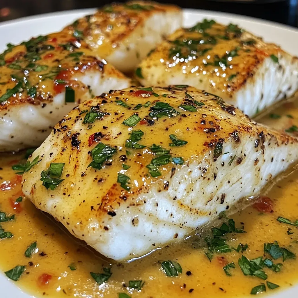 Filete de pescado con salsa de mostaza y limón servido en un plato blanco, decorado con perejil fresco.