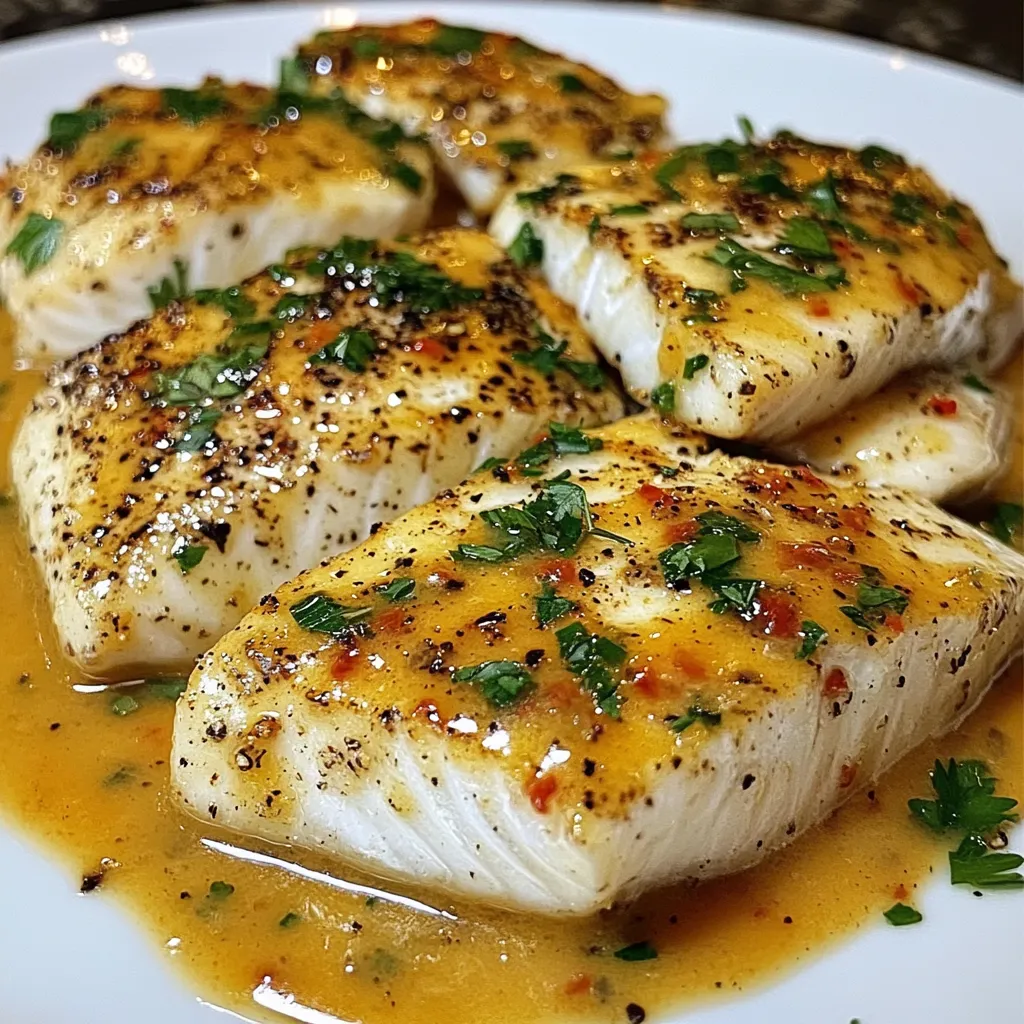 Filete de pescado con salsa de mostaza y limón servido en un plato blanco, decorado con perejil fresco.