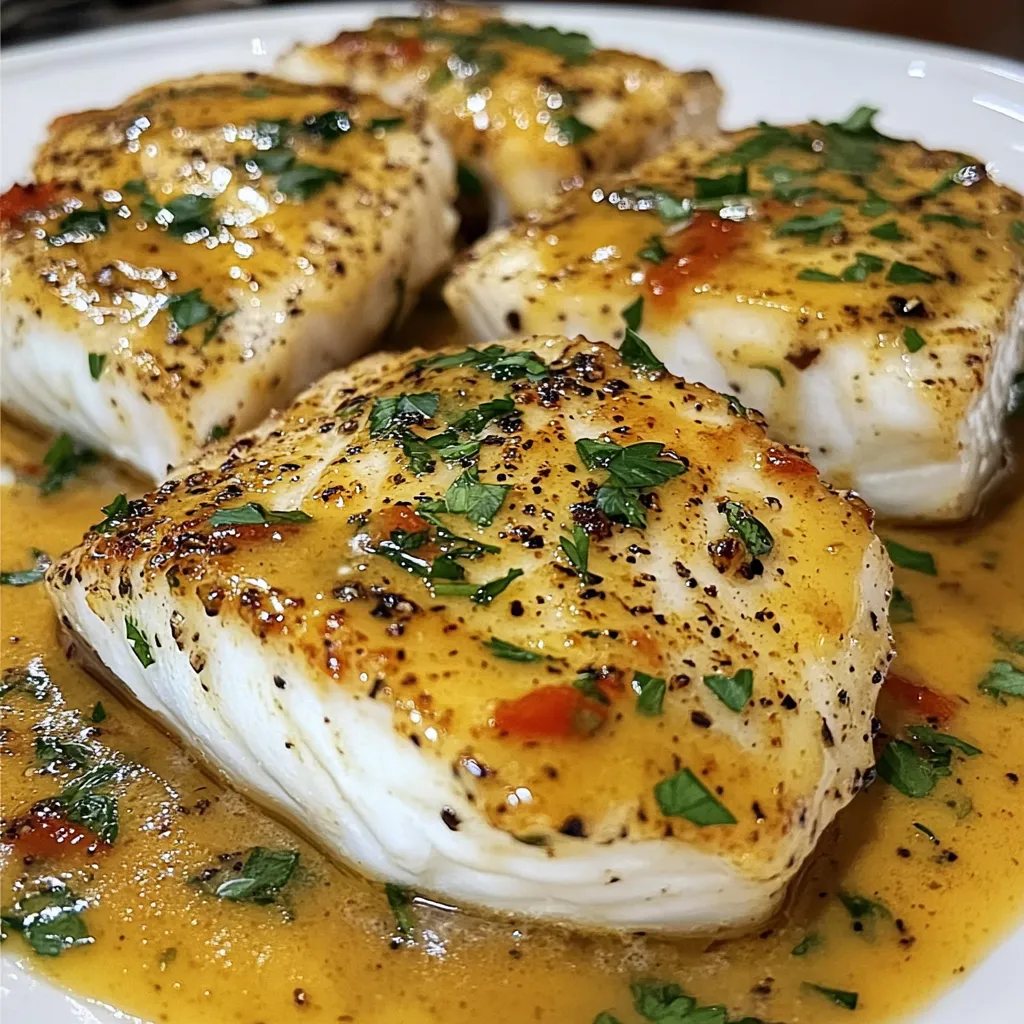 Filete de pescado con salsa de mostaza y limón servido en un plato blanco, decorado con perejil fresco.