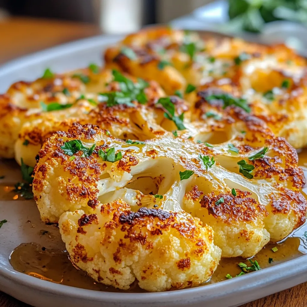 Filetes de coliflor asados crujientes servidos en un plato con perejil fresco y rodajas de limón.