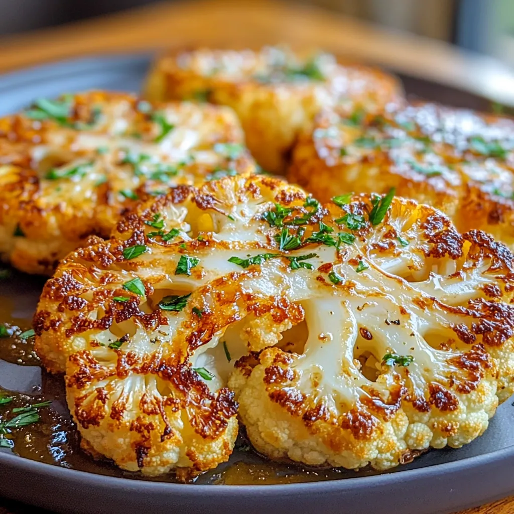 Filetes de coliflor asados crujientes servidos en un plato con perejil fresco y rodajas de limón.