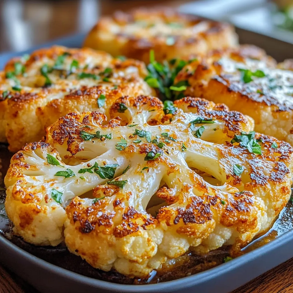 Filetes de coliflor asados crujientes servidos en un plato con perejil fresco y rodajas de limón.