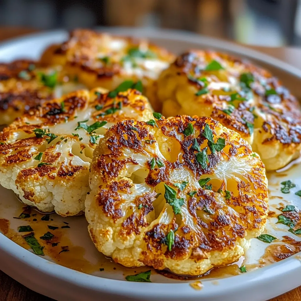 Filetes de coliflor asados crujientes servidos en un plato con perejil fresco y rodajas de limón.