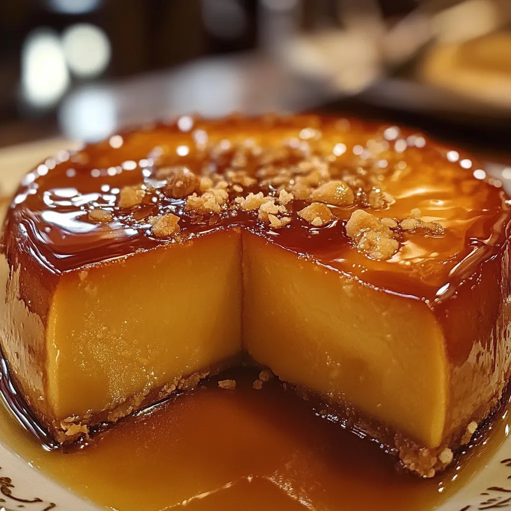Flan de leche condensada con caramelo dorado servido en un plato blanco.