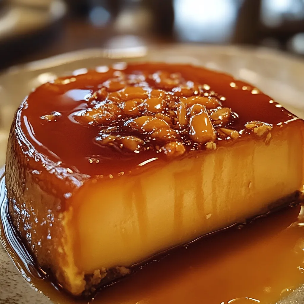 Flan de leche condensada con caramelo dorado servido en un plato blanco.